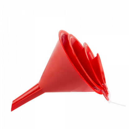 Red funnel set with large funnel and nested smaller funnels