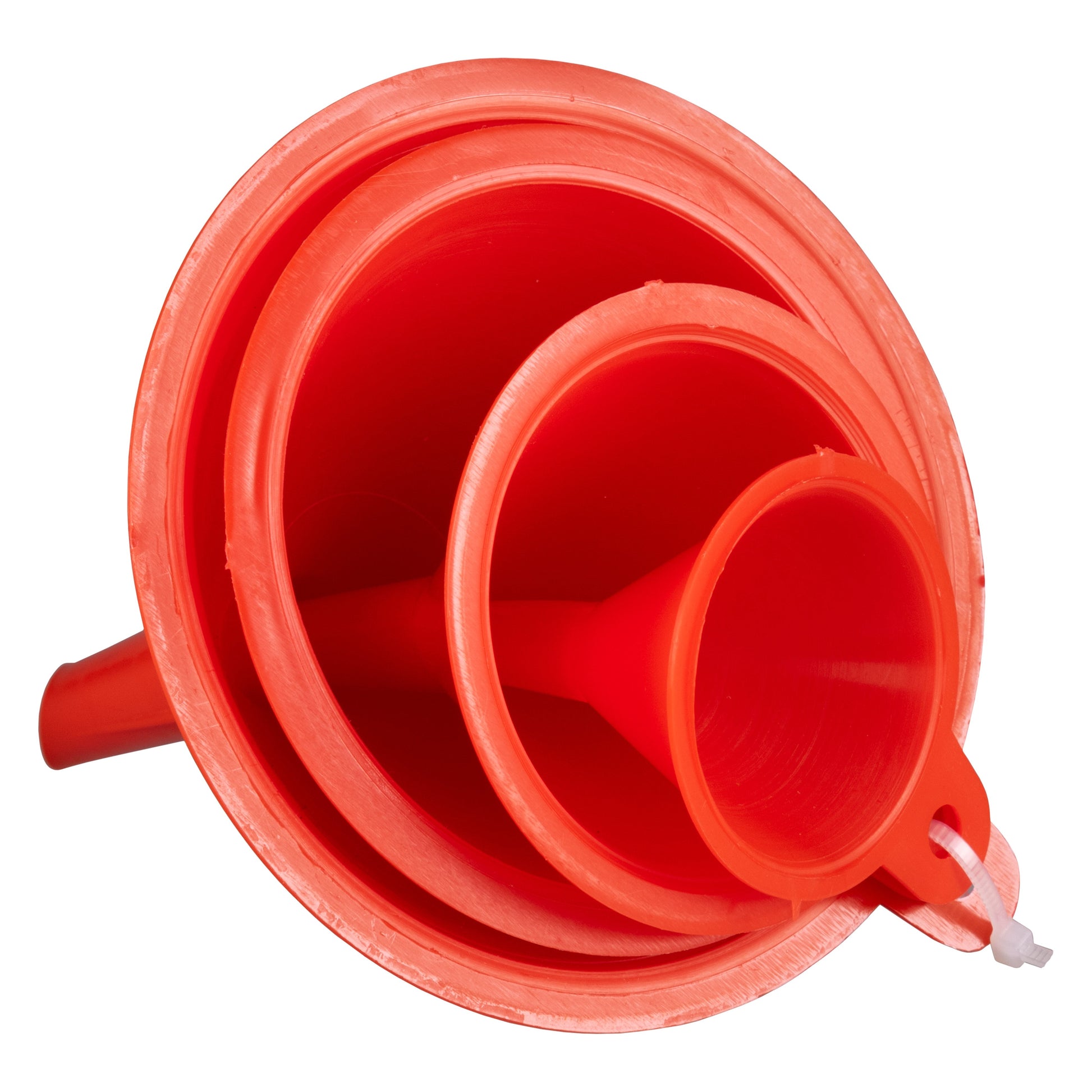 Red plastic funnels (4 pcs), close-up of stacked funnel rims