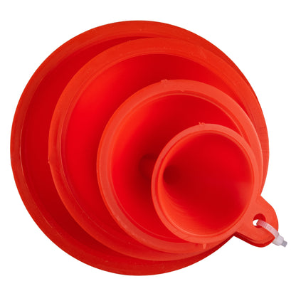 Set of red funnels nested together, showing circular openings and spout