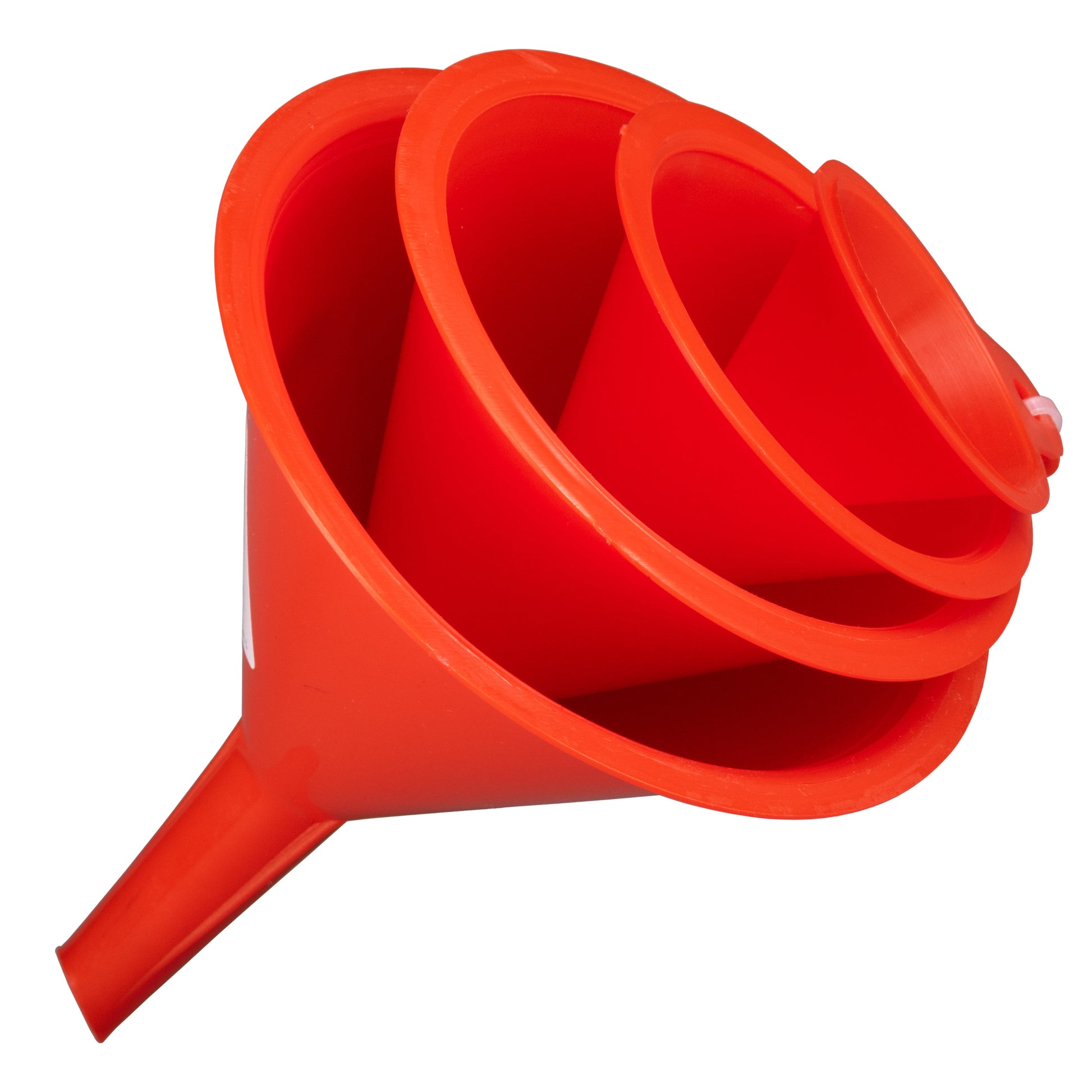 Red plastic funnel, side view with nested funnel sizes