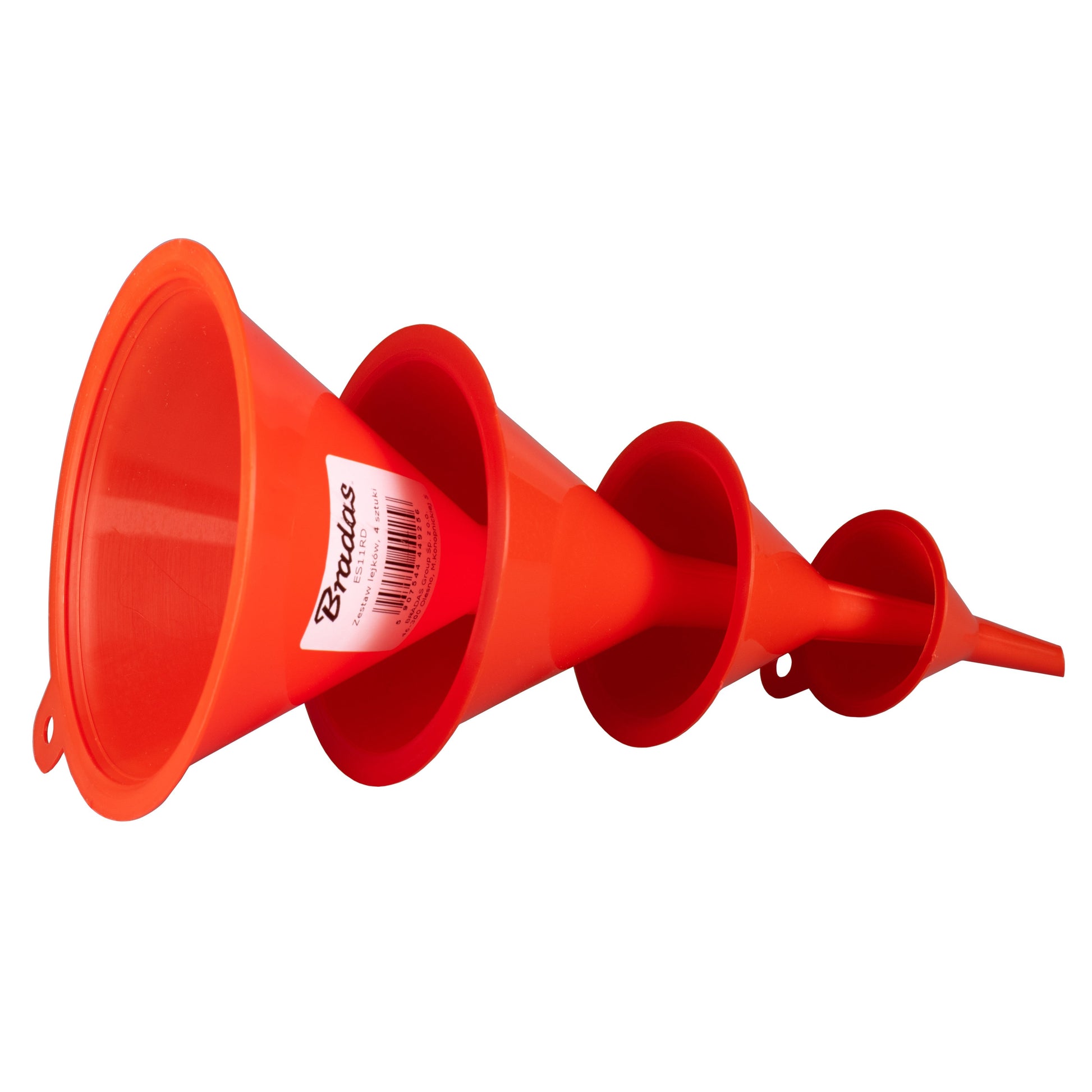 Red funnel set, angled view of funnels with long spouts