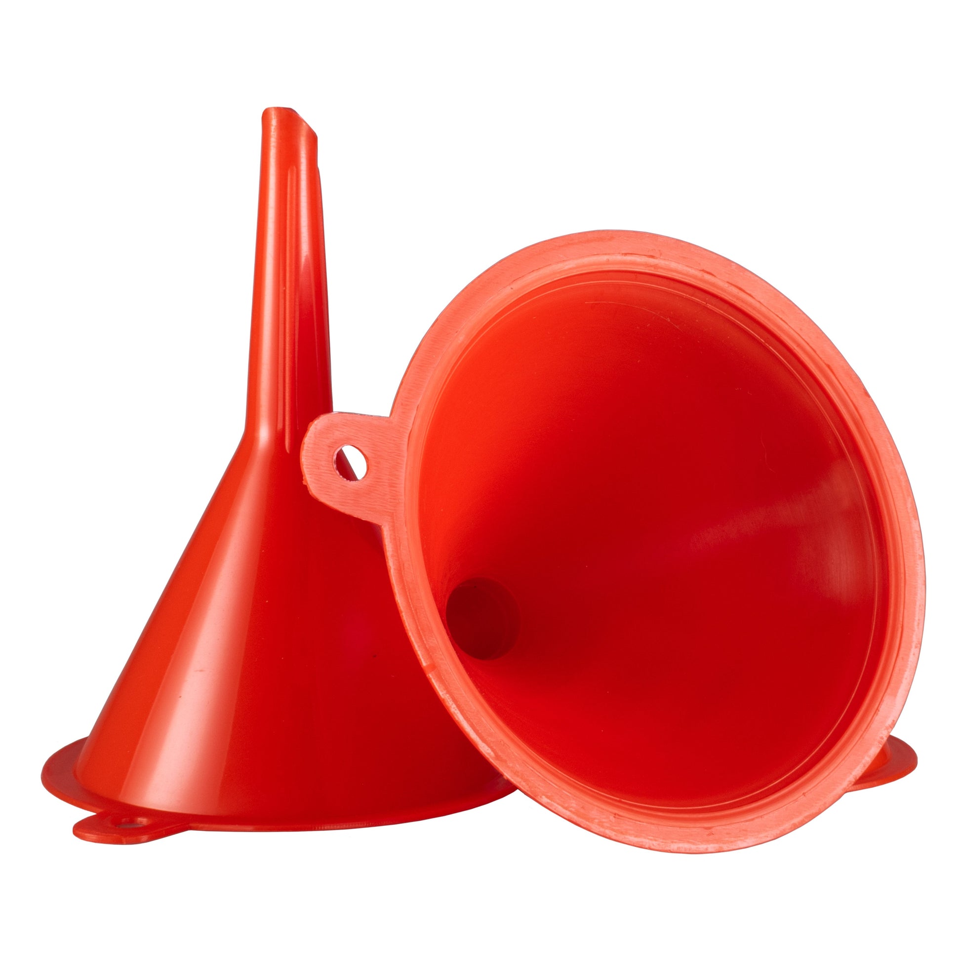 Red plastic funnel set, wide funnel with small funnel beside it
