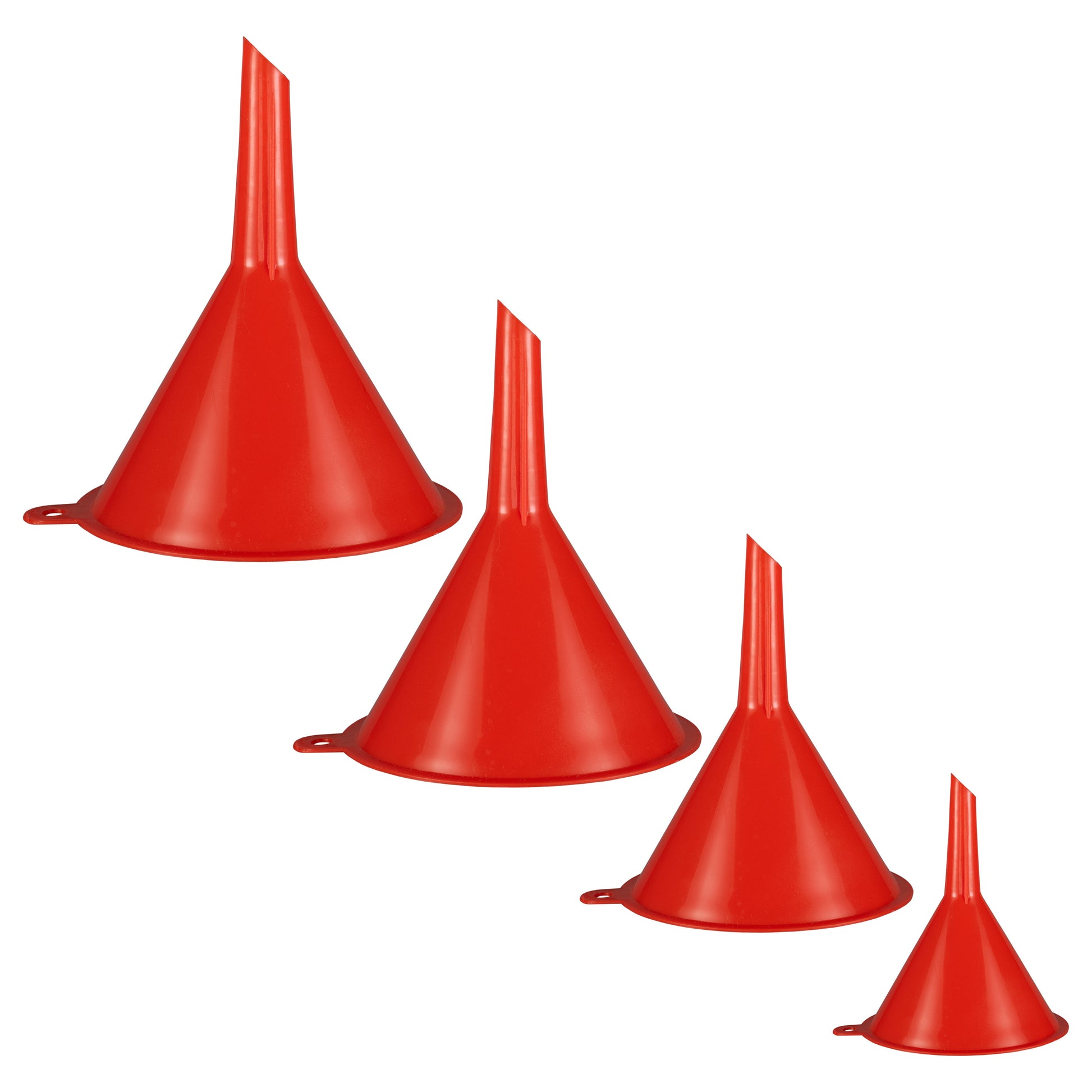 Red plastic funnels, 4-piece set in varying sizes