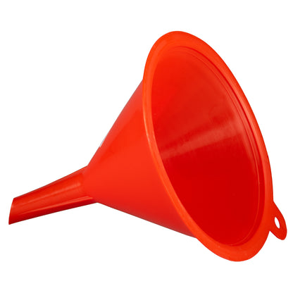Red plastic funnel with wide mouth and long spout, single piece