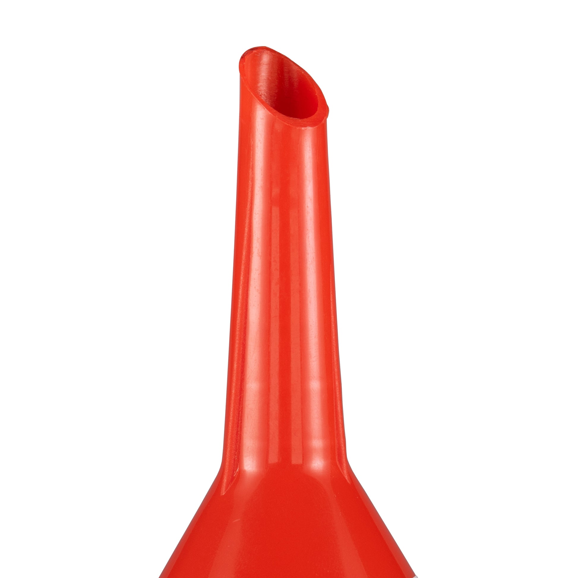 Red plastic funnel spout opening, close-up