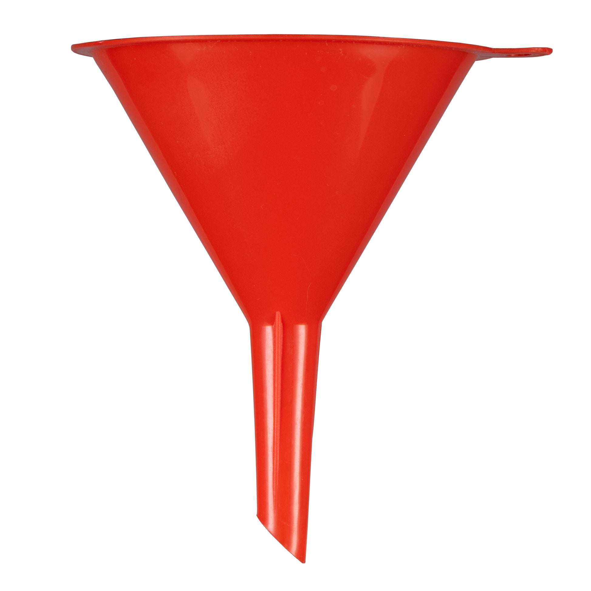 Red plastic funnel with wide cone mouth and straight stem
