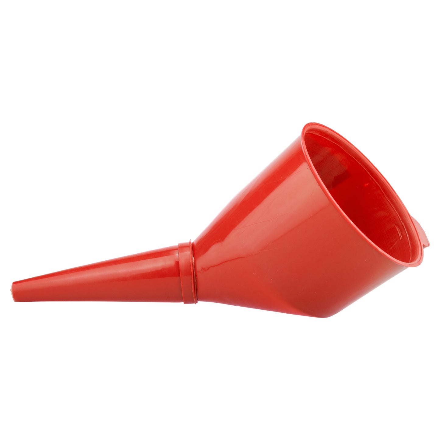 Red angled fuel funnel with filter, wide inlet and long spout