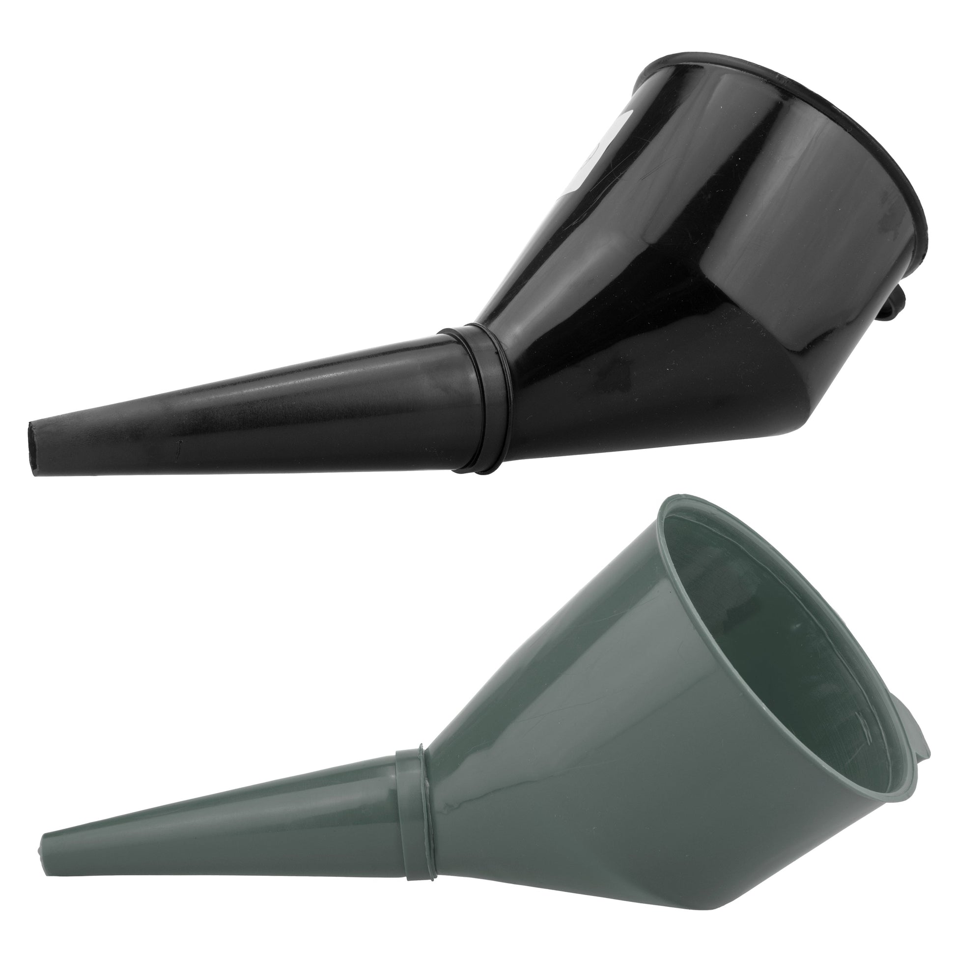 Angled black fuel funnel with filter, long spout for car refuelling