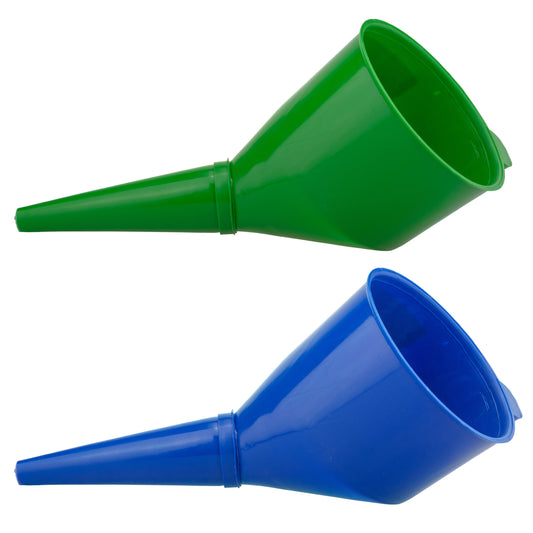 Angled fuel funnel with filter, green plastic, long tapered spout