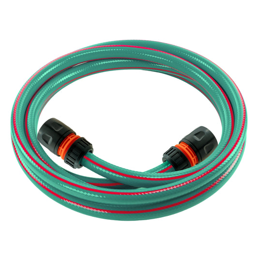 Garden hose set with green hose and black connectors, orange O-rings