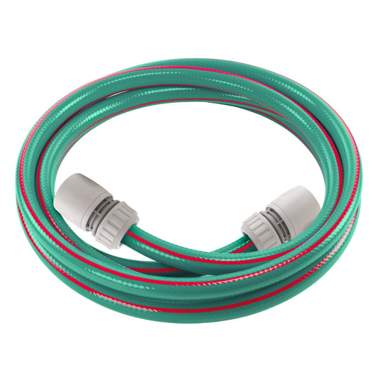 Garden hose set in green with two white connectors, coiled together