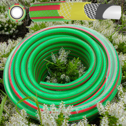 6-layer garden hose, 1/2 in, green with red stripe, coiled on grass and flowers