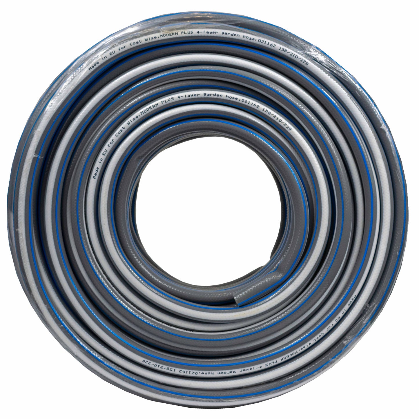 Coiled 4-layer garden hose with printed text, grey and blue striped loops