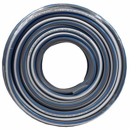 Coiled 4-layer garden hose with printed text, grey and blue striped loops