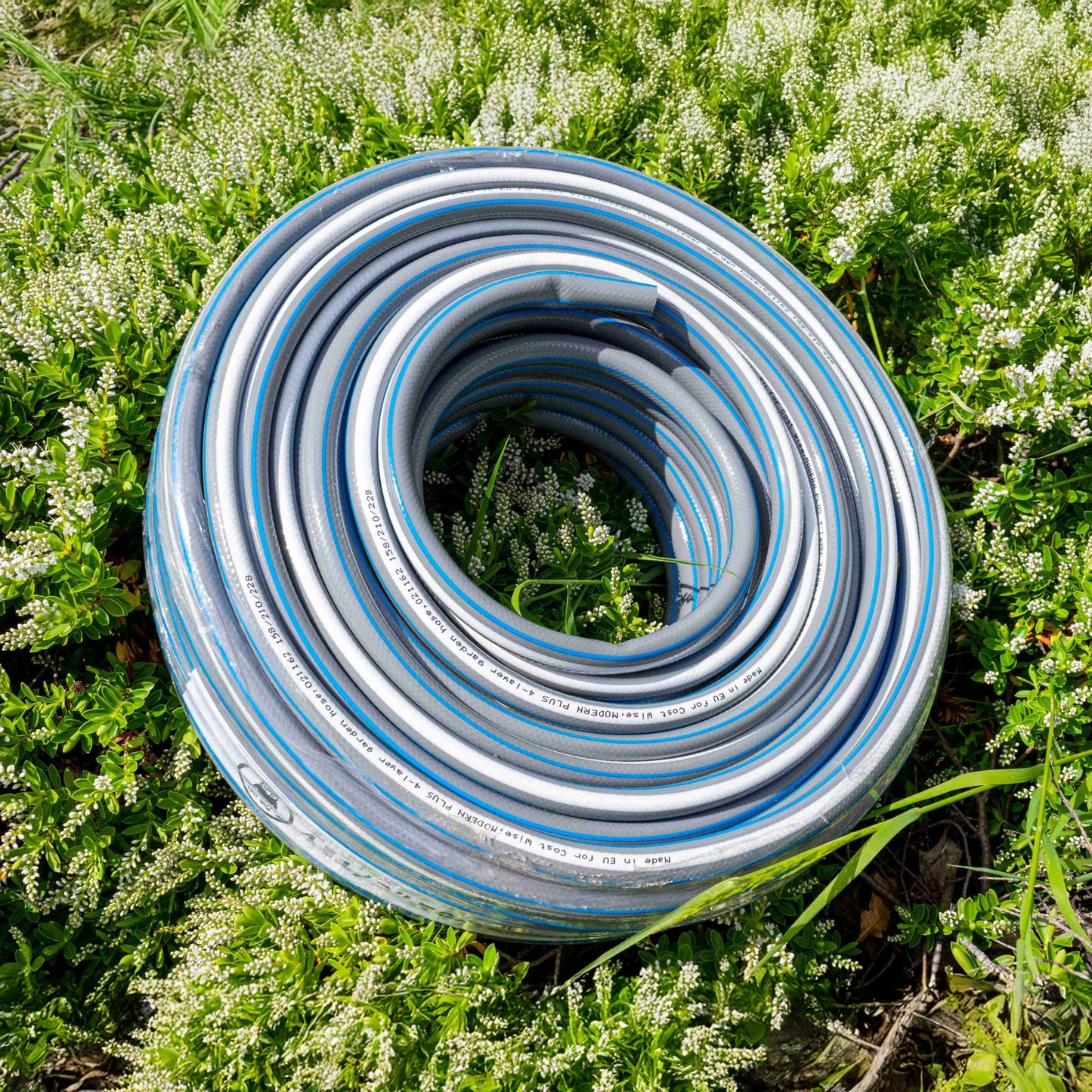 Cold water hose, grey with blue stripes, coiled