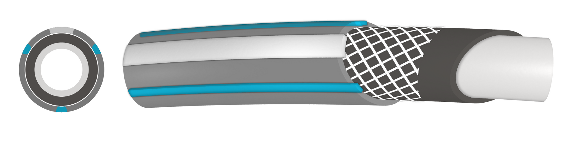 Gray hose with blue stripe and black connectors; crosshatch connector guard