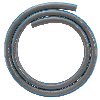 Gray garden hose coil with blue stripe and black/orange connector end pieces