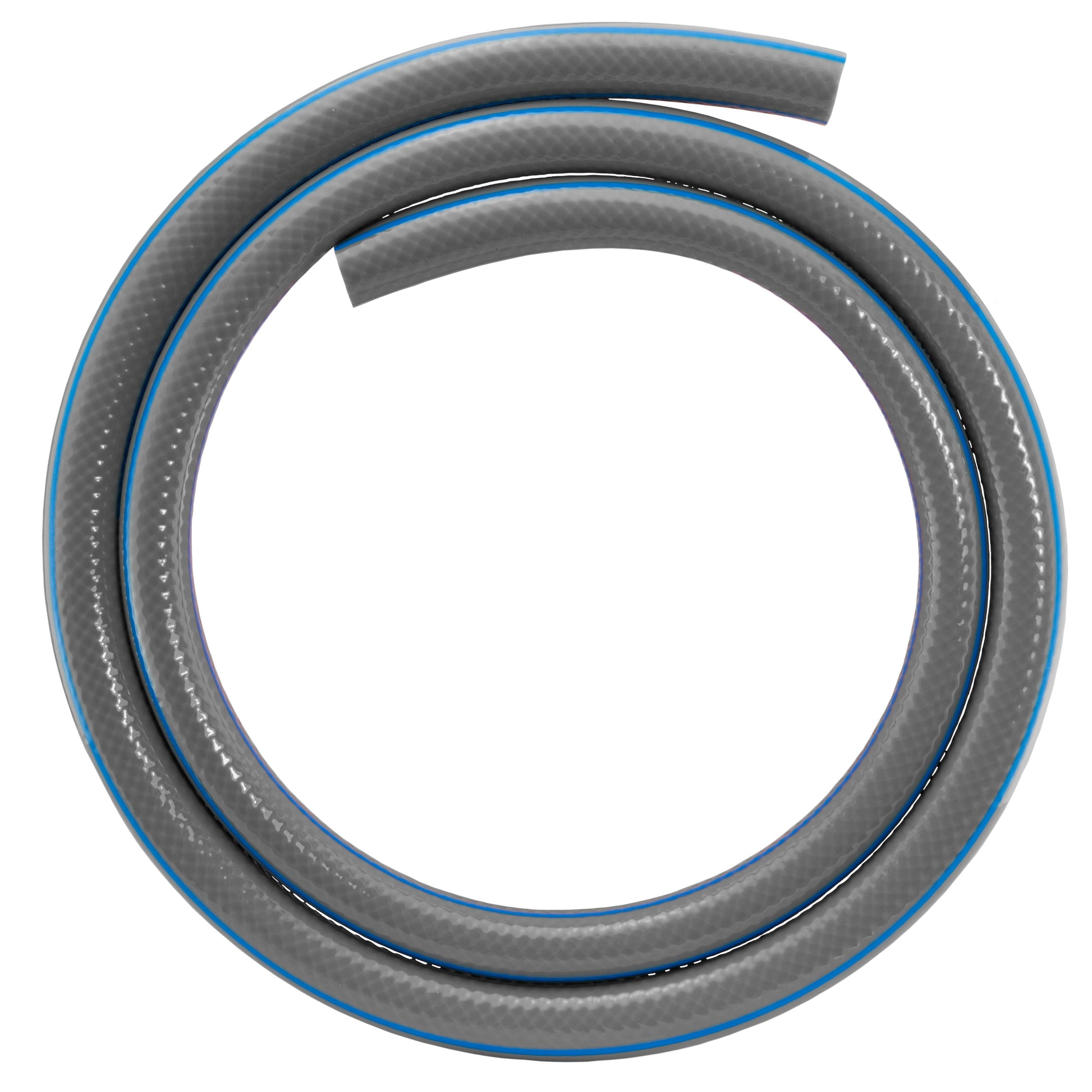 Coiled gray garden hose with blue trim stripes and smooth outer jacket