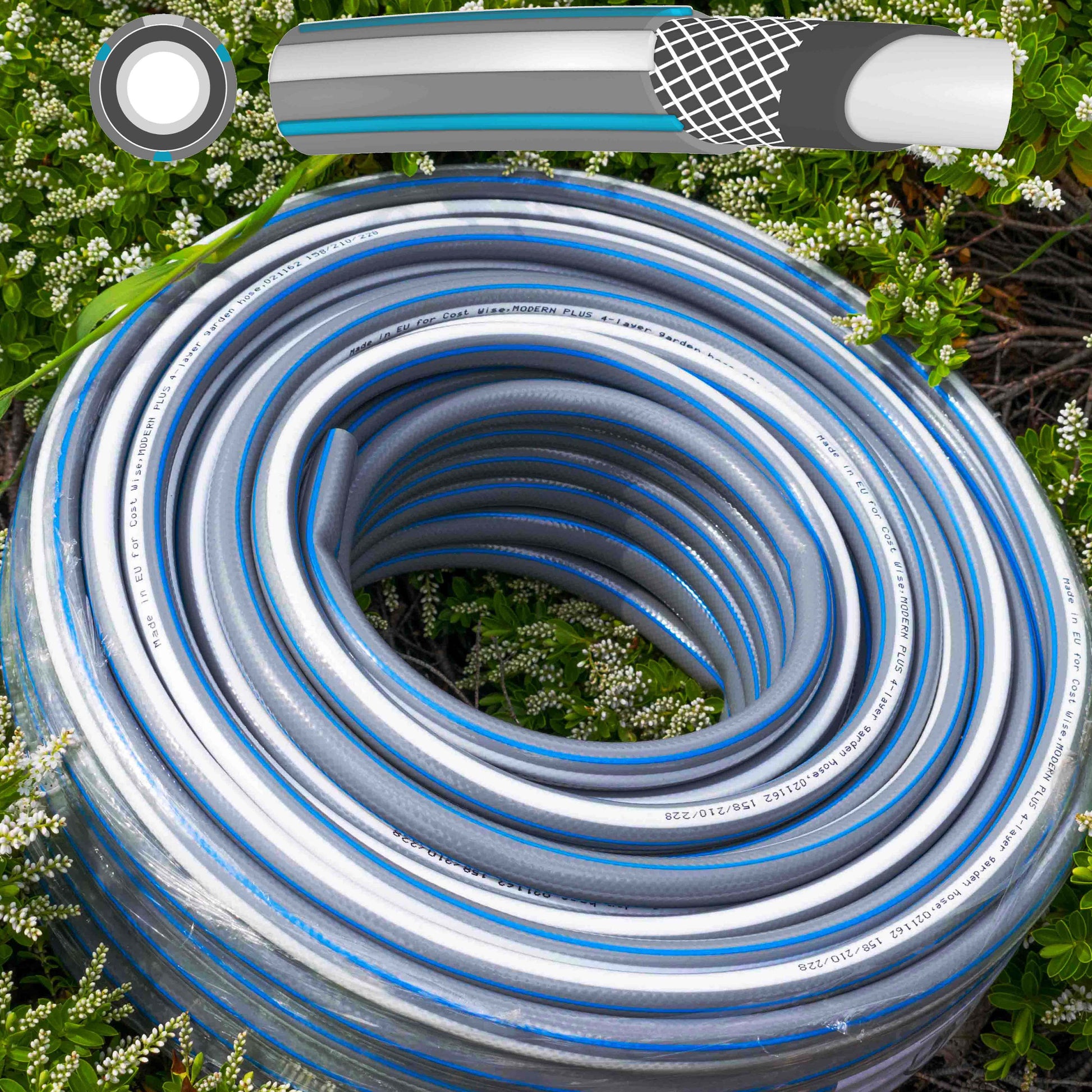 Gray garden hose set with blue stripe, tightly coiled for storage
