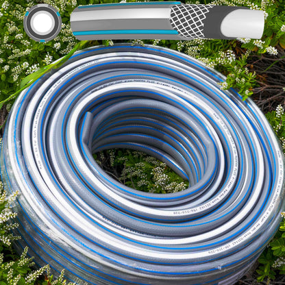Gray garden hose set with blue stripe, tightly coiled for storage