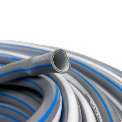 Close-up of grey hose end with blue stripe and metal fitting