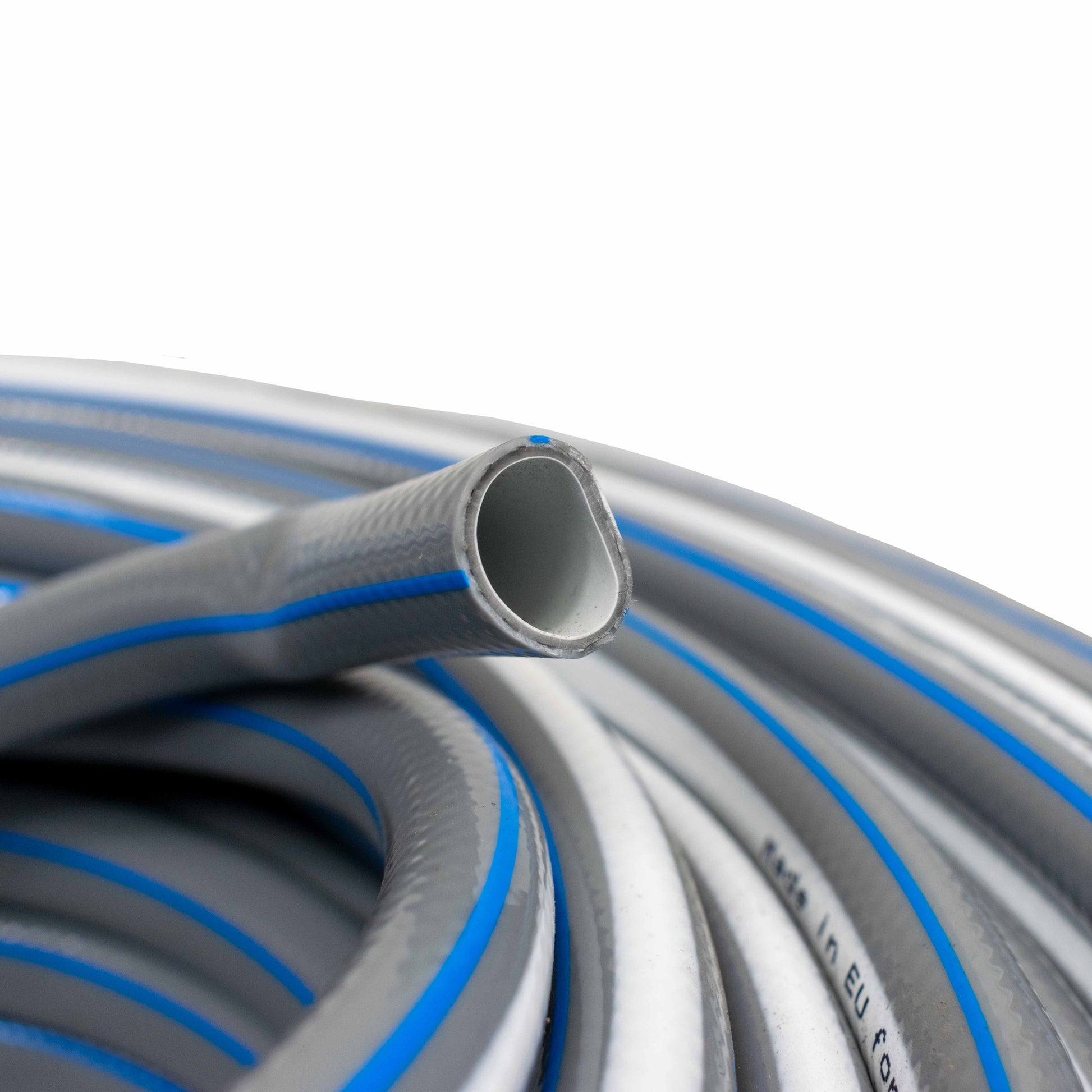Close-up of gray hose with blue stripe and metal-lined hose end