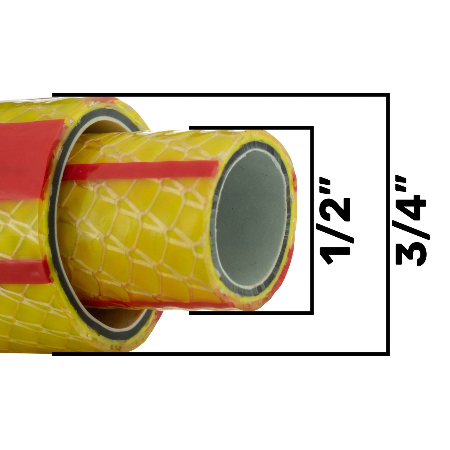 3/4" garden hose end cutaway, yellow mesh layers with red stripe trim