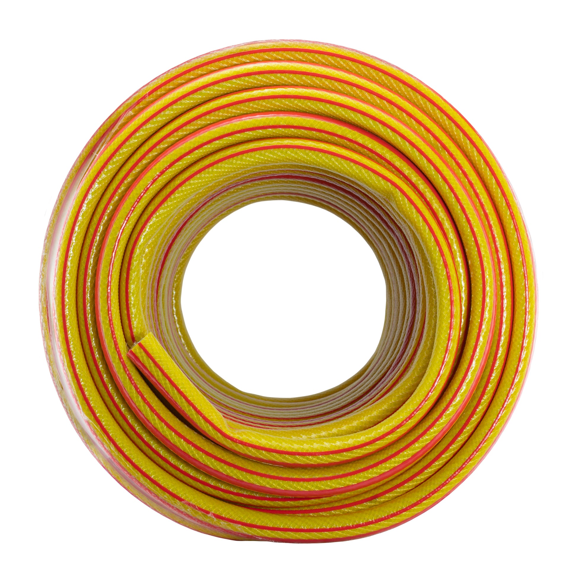 Coiled yellow 3/4" garden hose with red-striped outer bands and grey inner layer