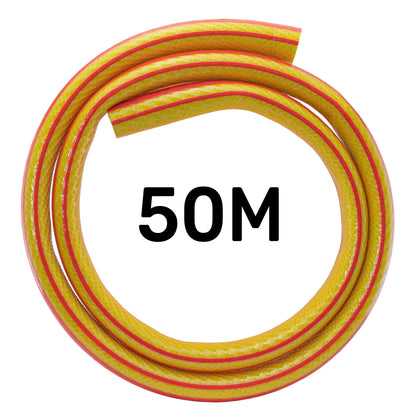 50m coiled 3/4" garden hose, yellow with red stripes, layered wall