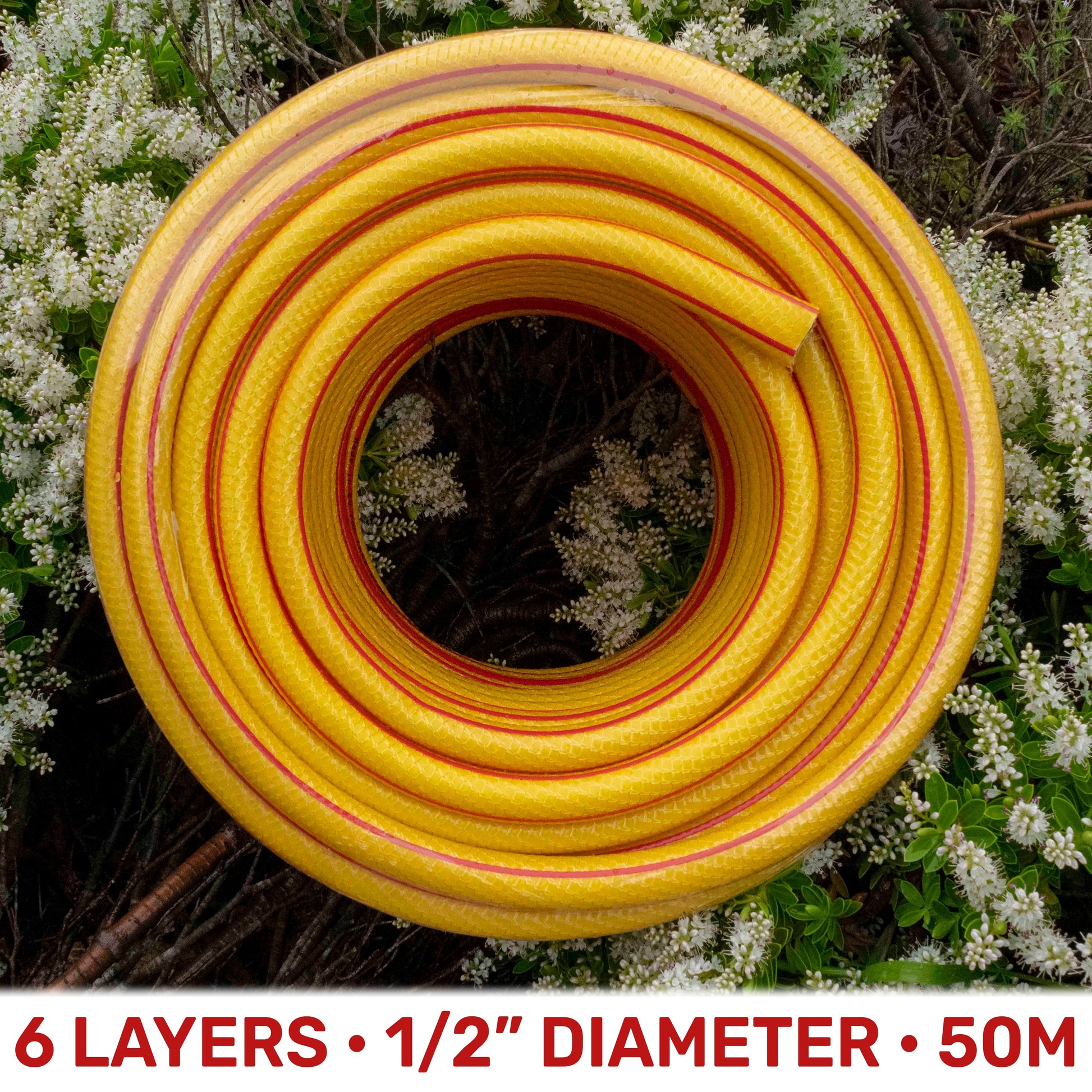 6-layer yellow garden hose, 1/2-inch diameter, 50 m coil