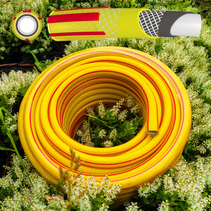 Yellow 6-layer garden hose (1/2 inch), red stripe, coiled with fitted end piece