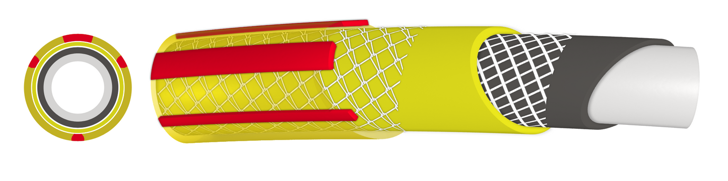 Yellow 6-layer garden hose (1/2 inch) red stripe, end connector and textured surface