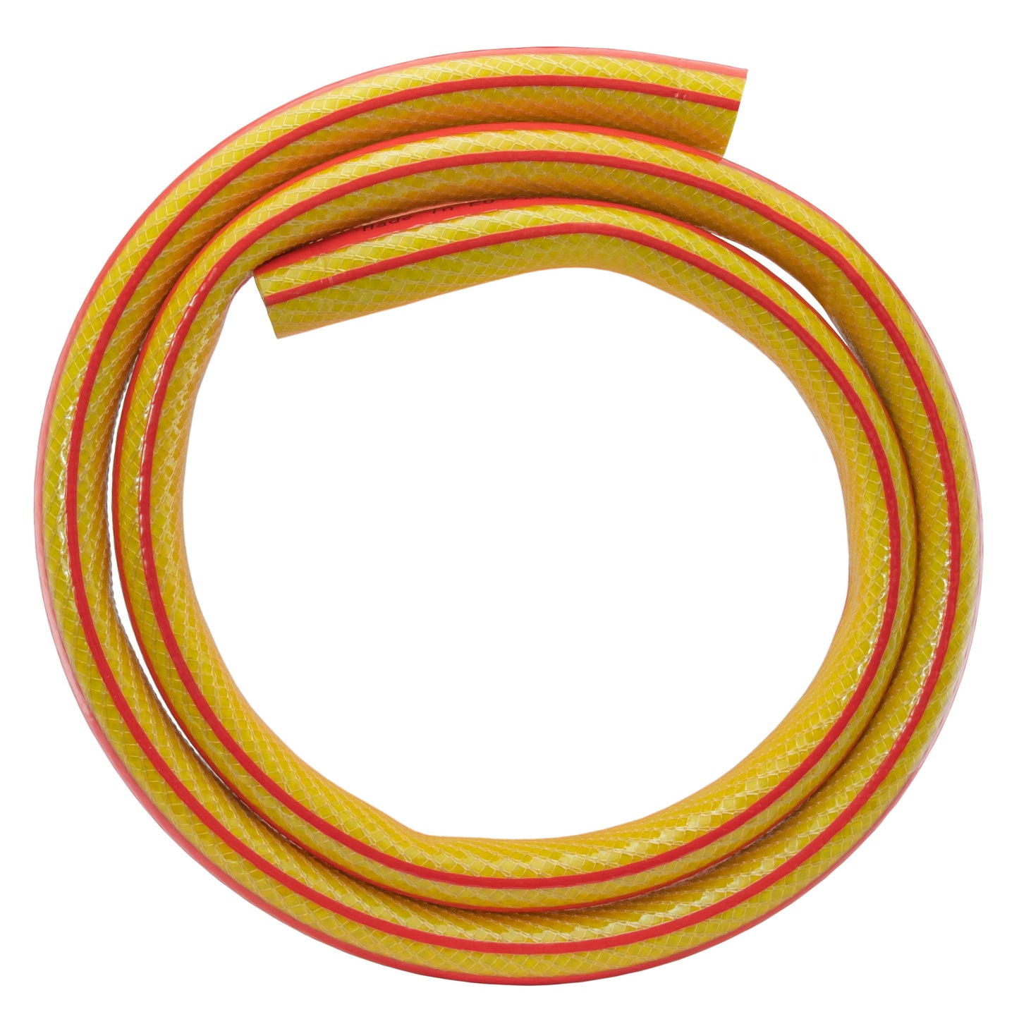 Yellow multi-layer garden hose coil with red stripe seam detail