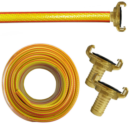 Yellow garden hose with red stripe and brass Geka-style claw fitting