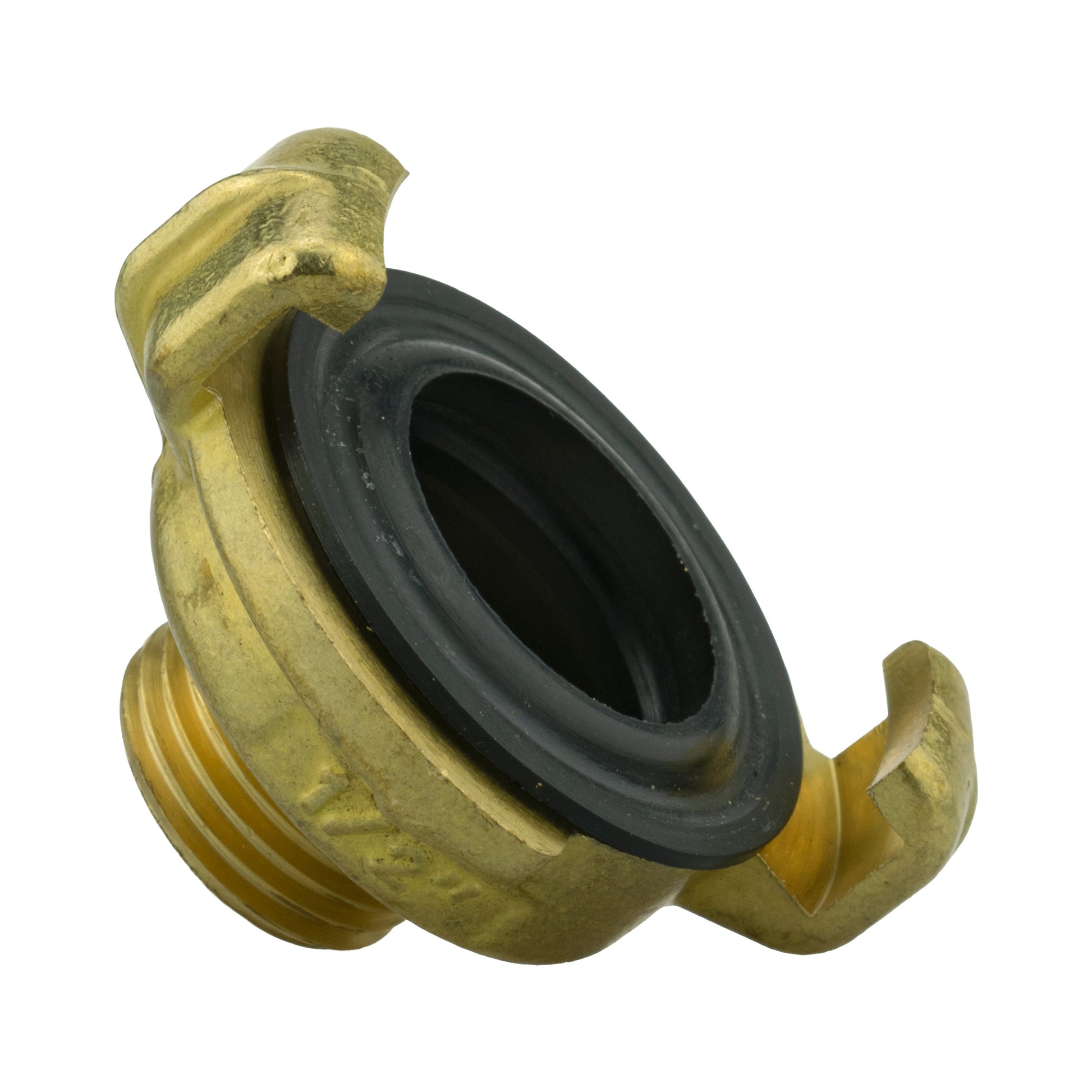 Brass Geka-style connector with black O-ring seal and barb hose outlet