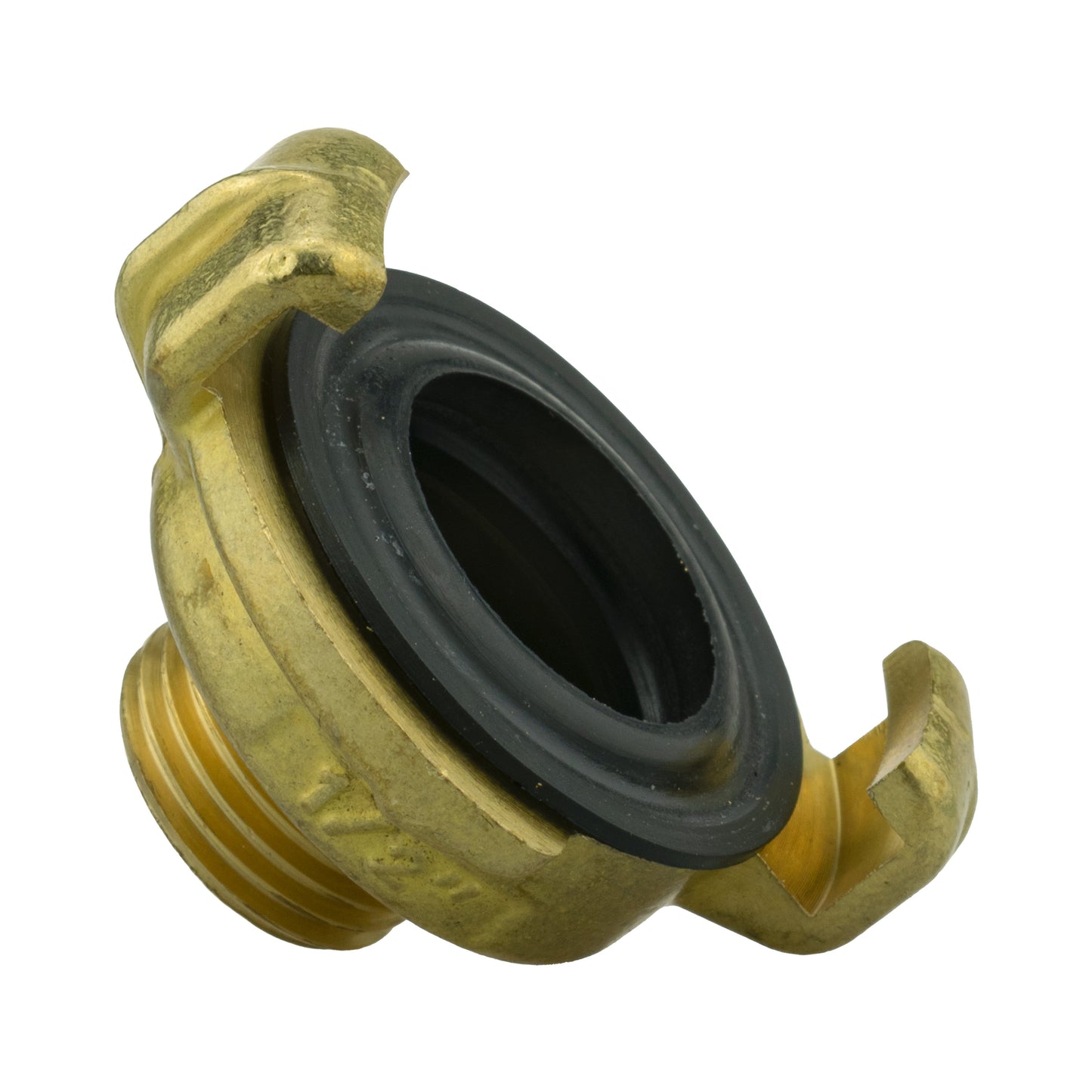 Brass connector with black rubber sealing ring and threaded inlet
