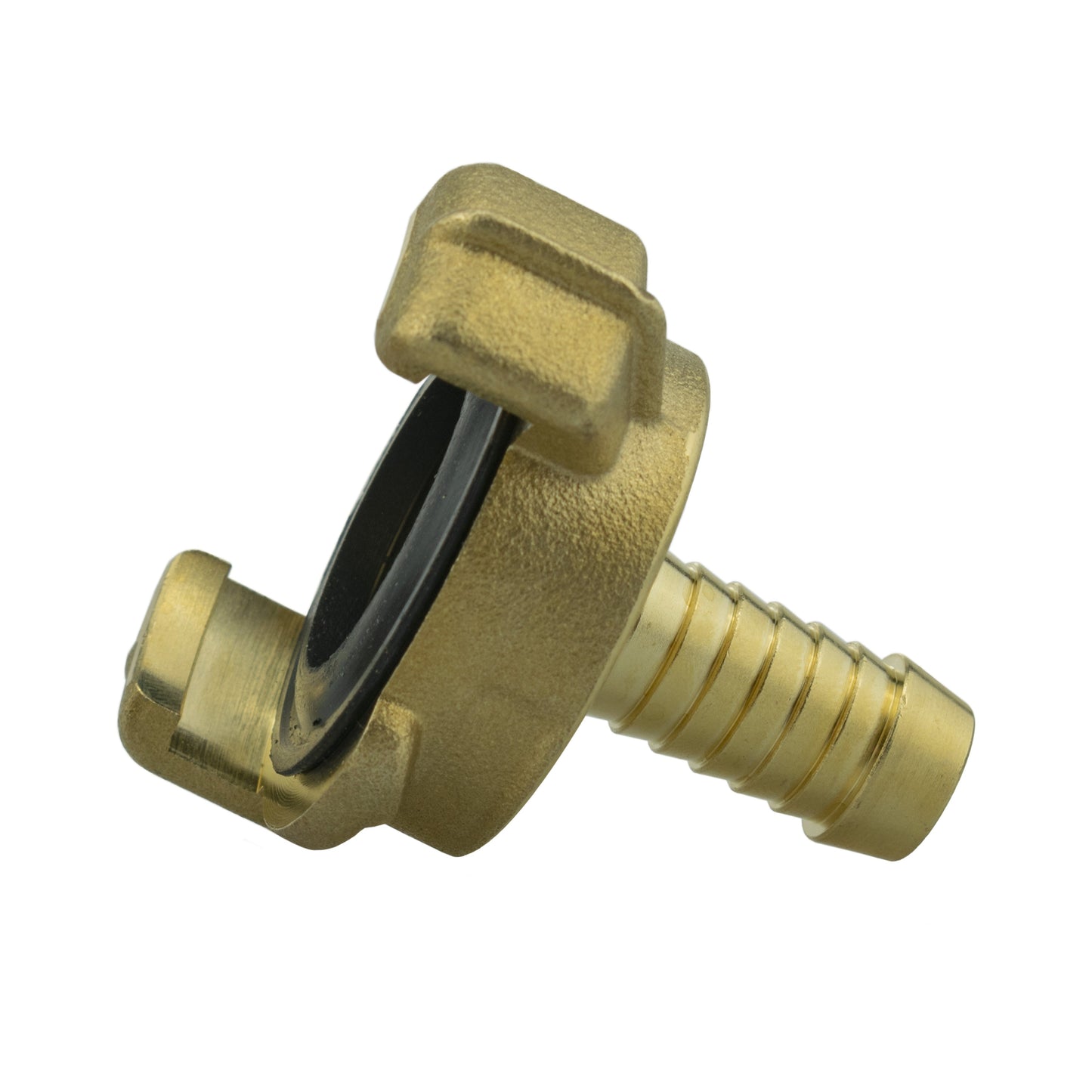 Brass quick-connect barb fitting with black O-ring and 1/2" threaded end