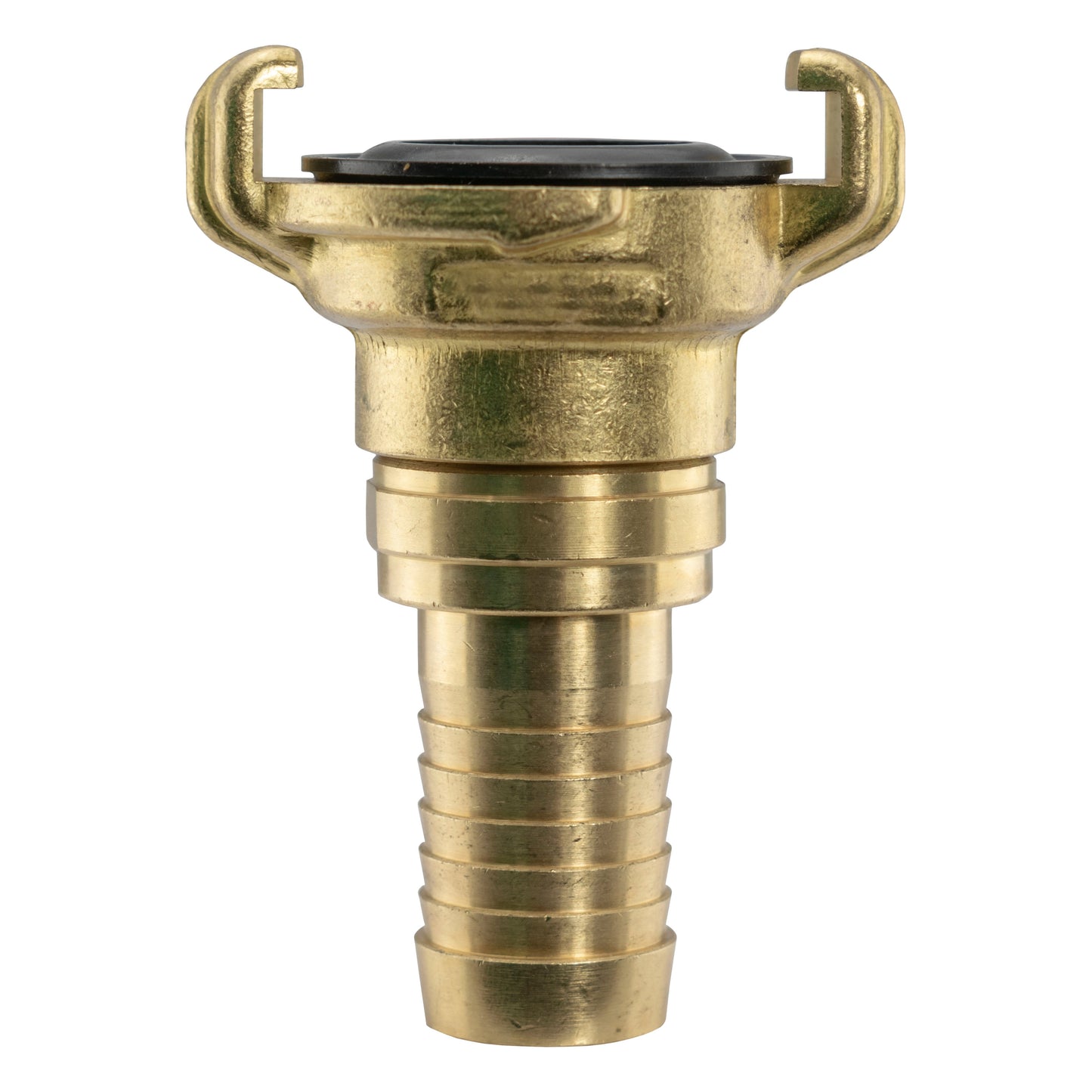 Brass swivel hose connector with 1/2" barbed tail and top U-clamp