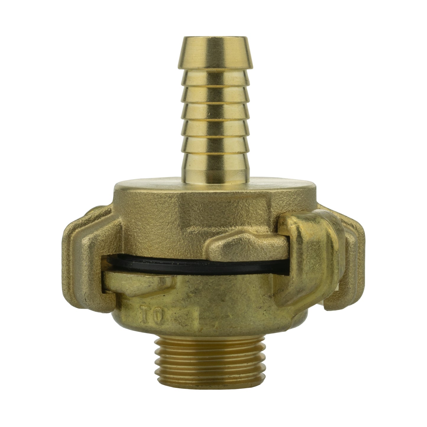 Brass barb fitting with black sealing slot and 20mm MDPE wall flange