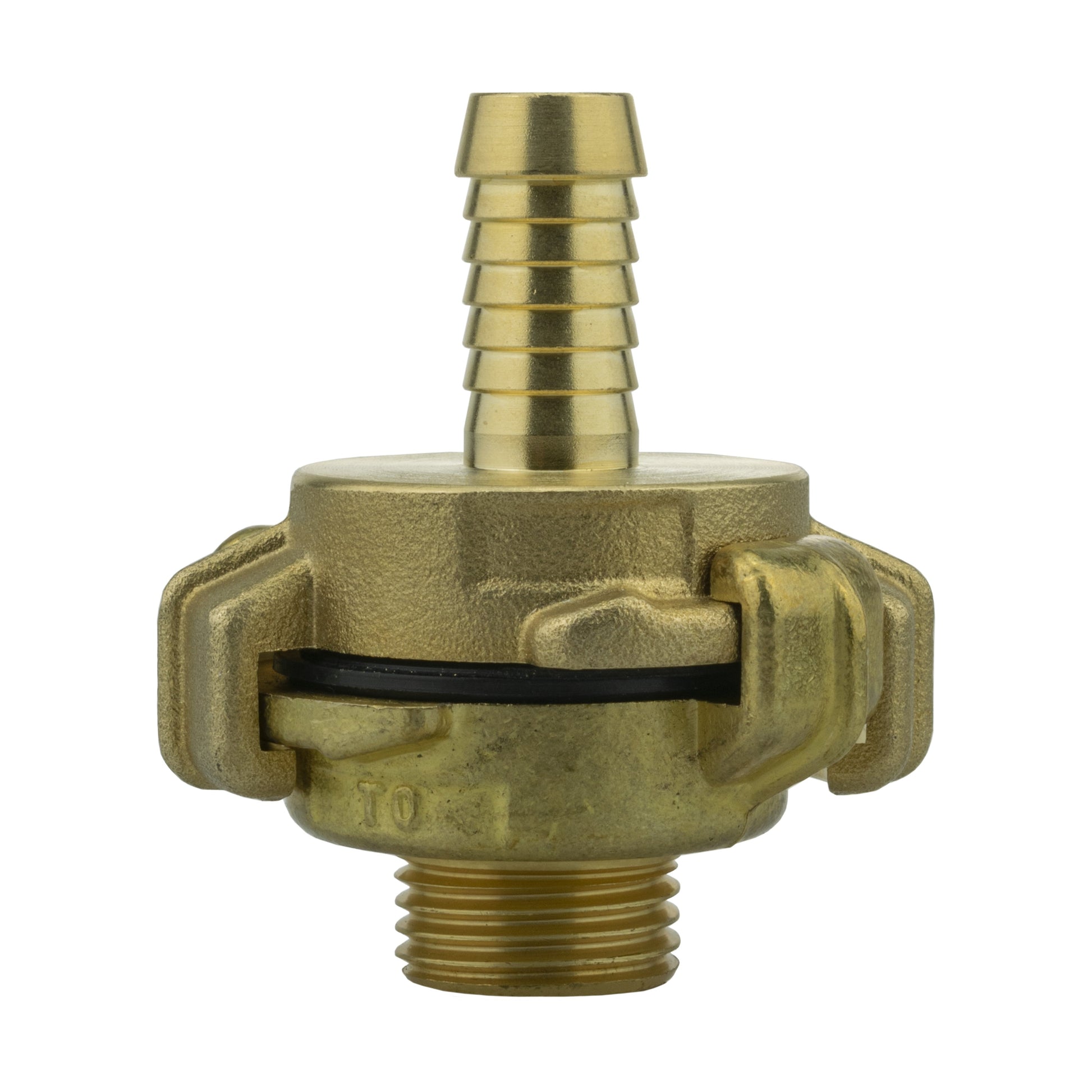 Brass barb fitting with black sealing slot and 20mm MDPE wall flange