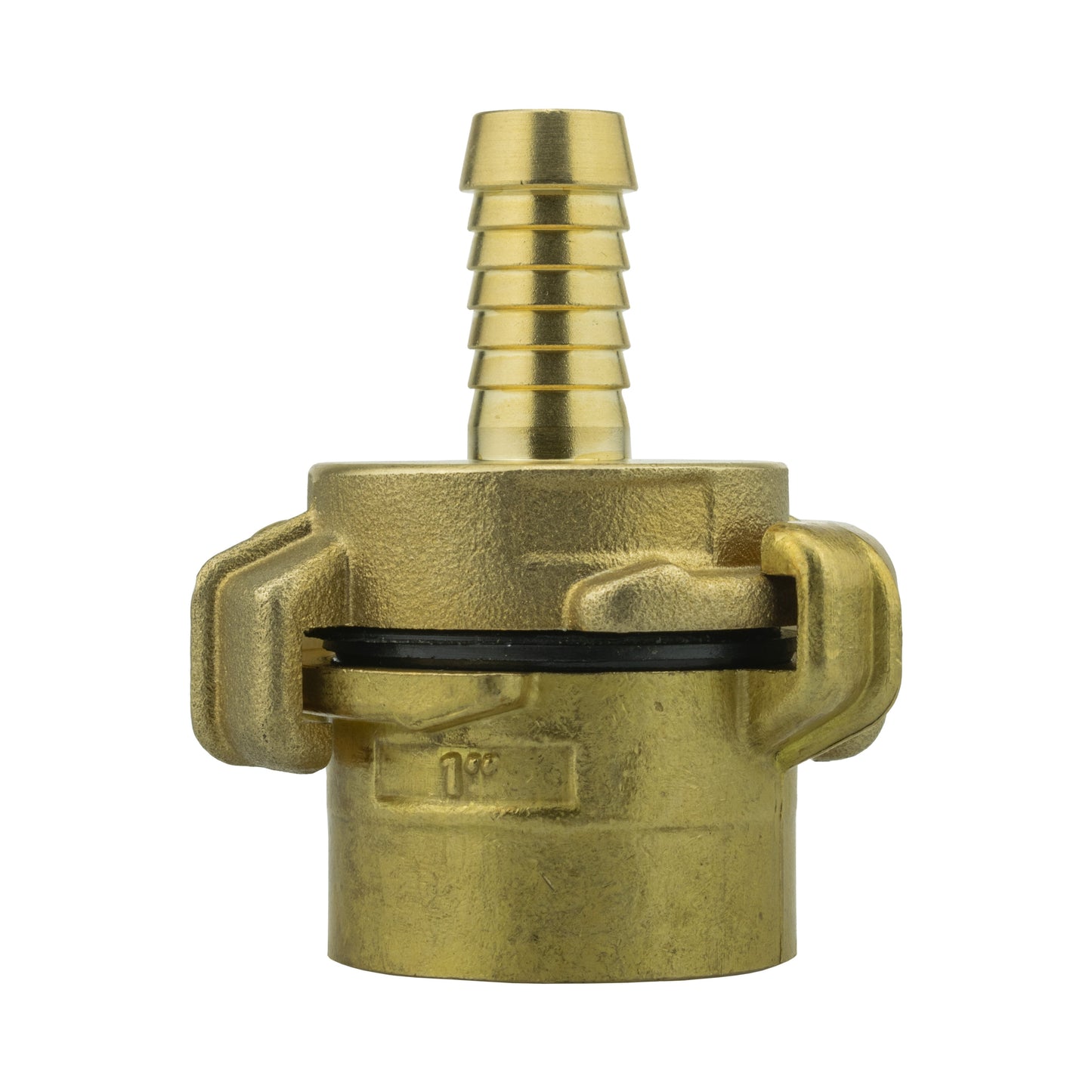 Brass Type claw fitting with 13mm barb and 1" BSP female thread, side view