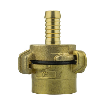 Brass Type claw fitting with 13mm barb and 1" BSP female thread, side view