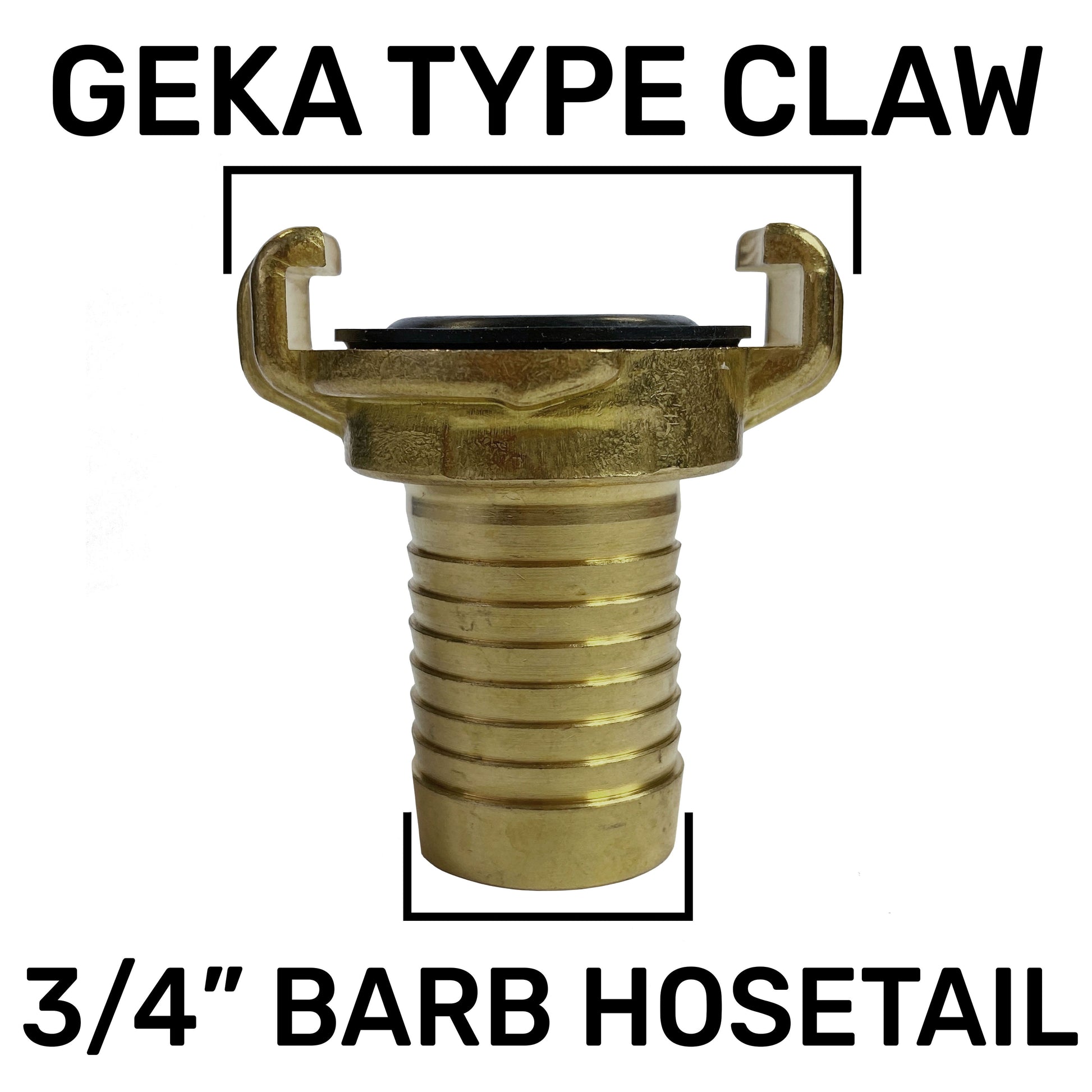 Brass 3/4" barb hose tail with metal retaining clips and rubber seal