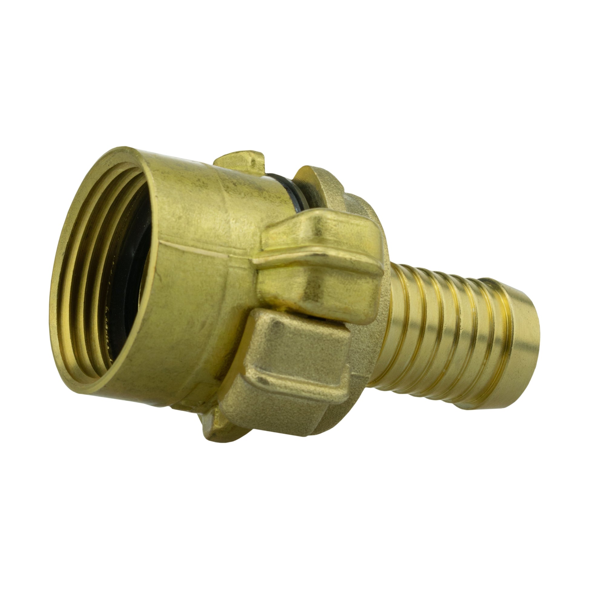 Brass Geka-style claw fitting showing 19mm barb and female BSP thread