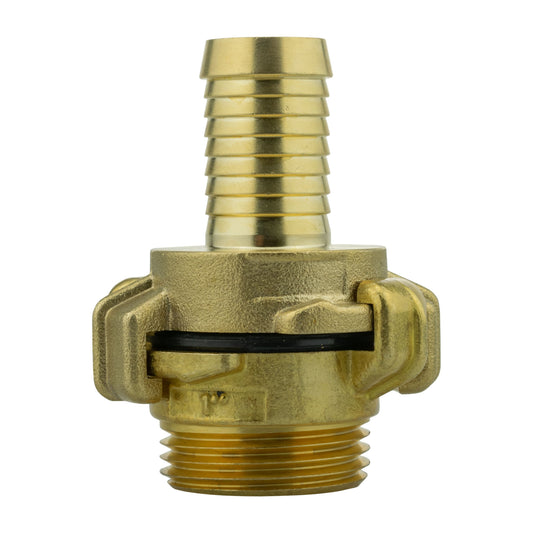 Brass claw hose fitting, 19mm barb and 1" BSP male, black seal ring