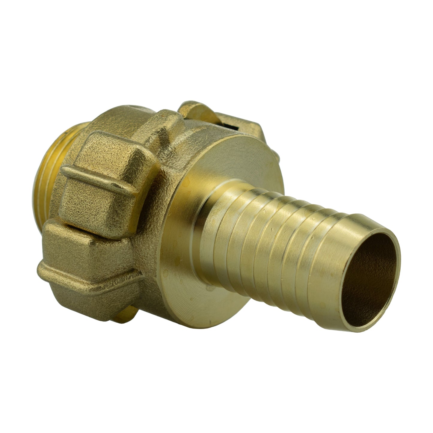 Brass barbed connector with threaded end and lever valve housing