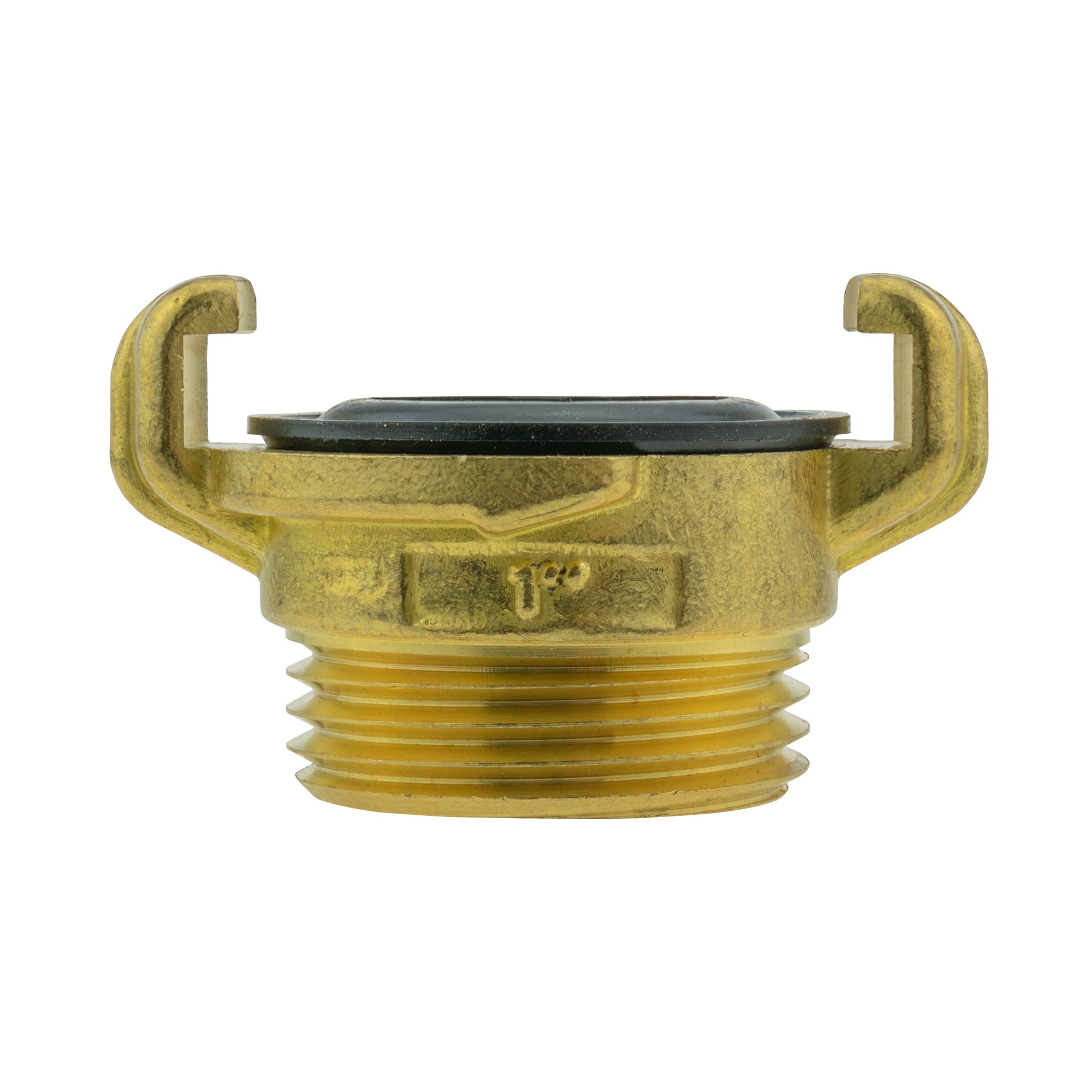 Brass Geka Type F clamp fitting with barbed hose tail and central marking
