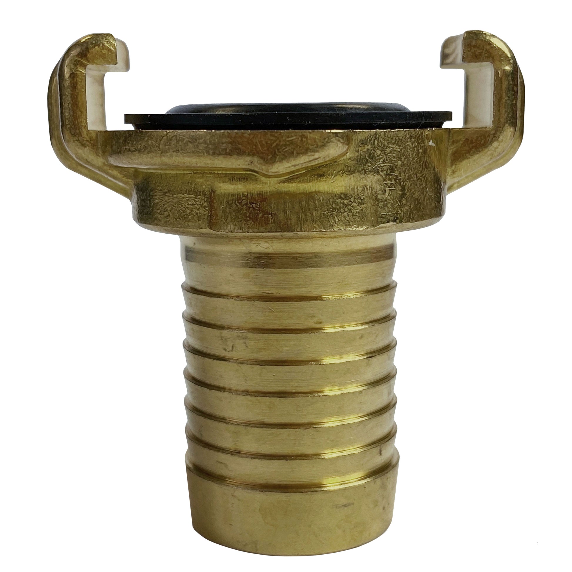 Brass Geka Type F clamp fitting with barbed hose tail and black sealing insert