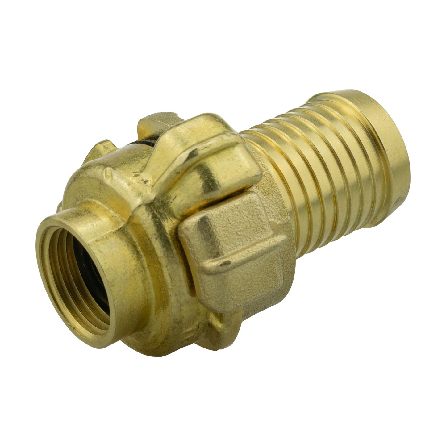 Brass 1/2in BSP female claw barb fitting, ridged barbed end and retaining ears