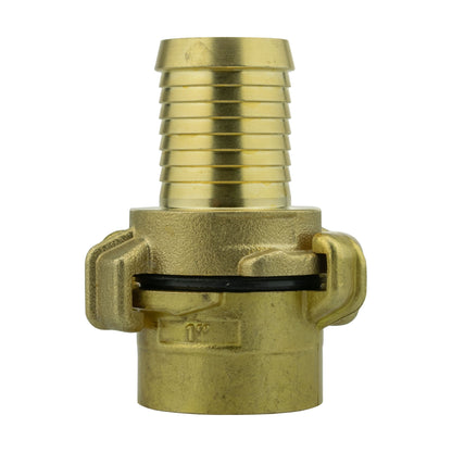 Brass claw hose fitting, 25mm barb with 1" BSP female thread, clamp ring
